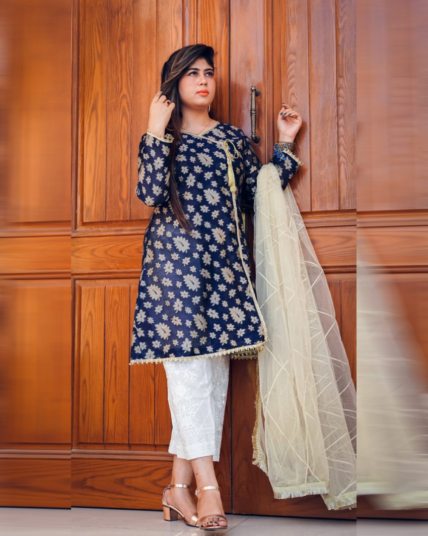 Blue Cotton Silk Shirt with Golden Leaves 1_Piece