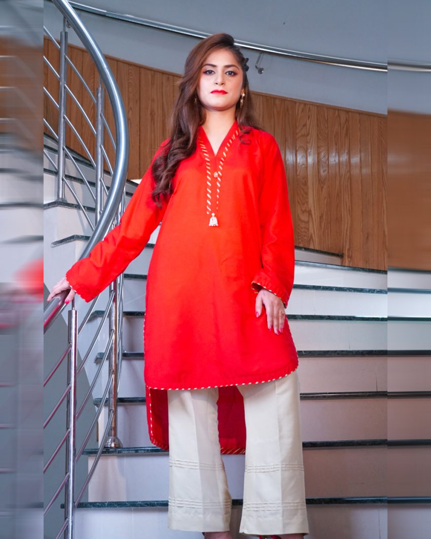 Crimson Red Dip Hem Shirt With Trousers-2 Piece
