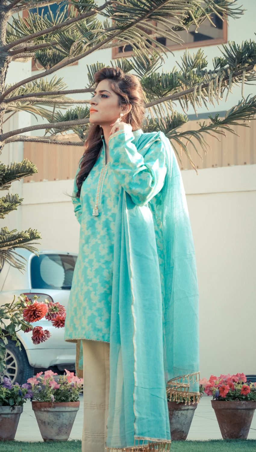 Aqua Green Cotton Silk with Gold Self Print Shirt