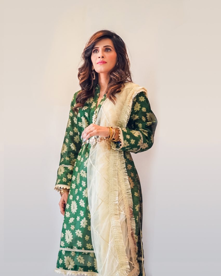 Green Cotton Silk Shirt with Golden Leaves 1-Piece