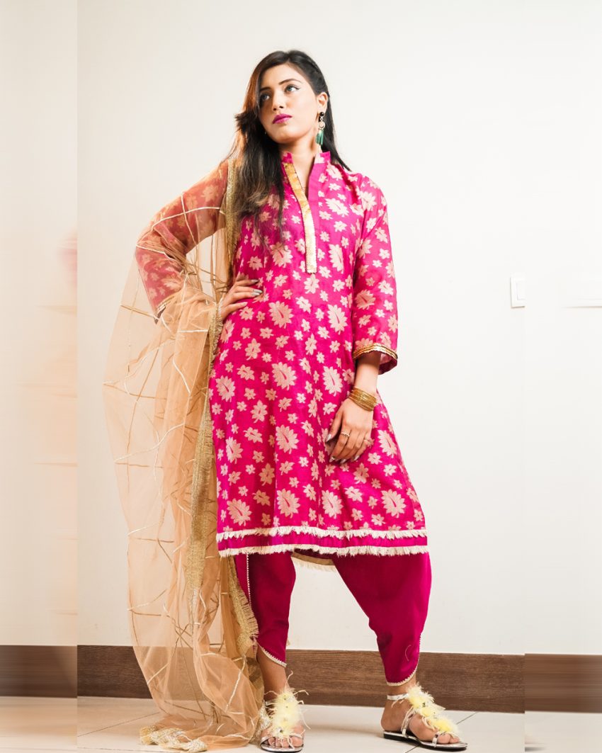 Magenta Pink Cotton Silk Shirt with Golden Leaves 1-Piece