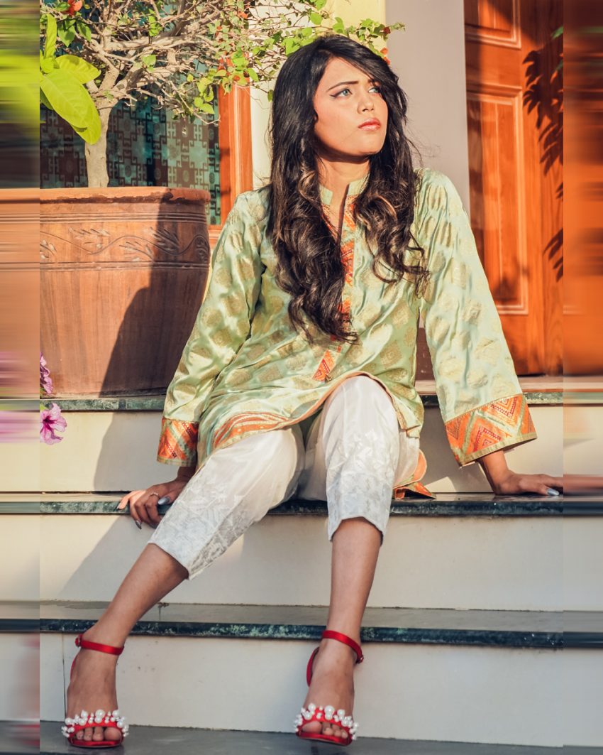 Mint Green Long Kurta Shirt with Hues of Golden Block Print 1-Piece