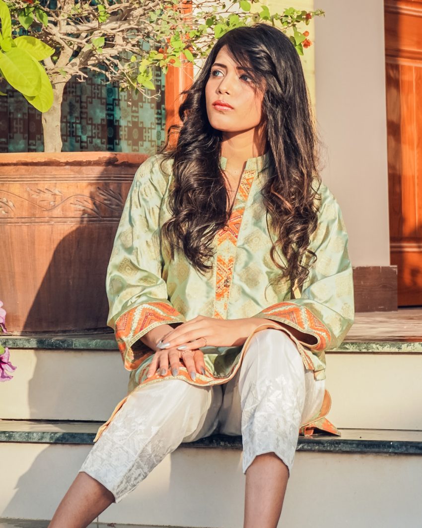 Mint Green Long Kurta Shirt with Hues of Golden Block Print 1-Piece