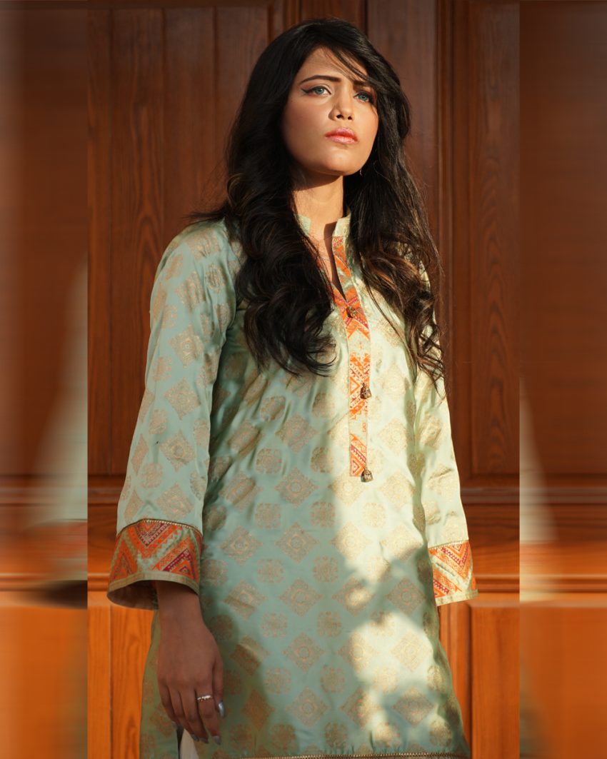 Mint Green Long Kurta Shirt with Hues of Golden Block Print 1-Piece