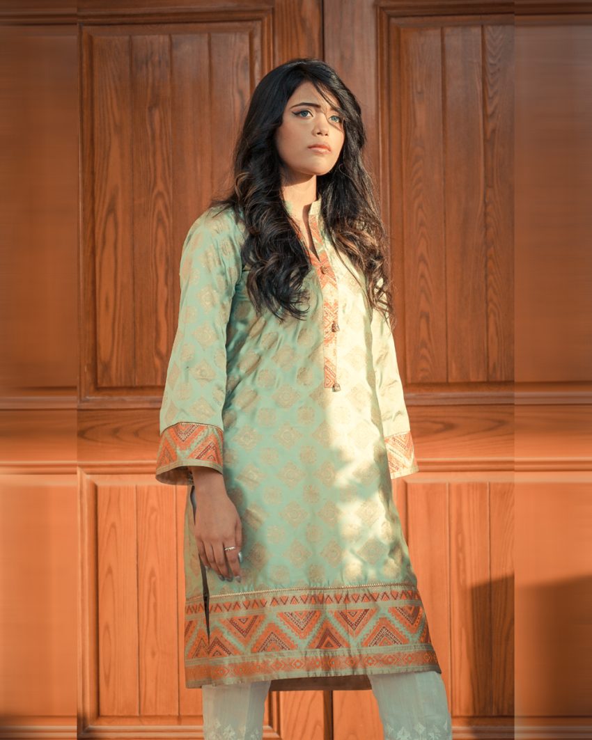 Mint Green Long Kurta Shirt with Hues of Golden Block Print 1-Piece