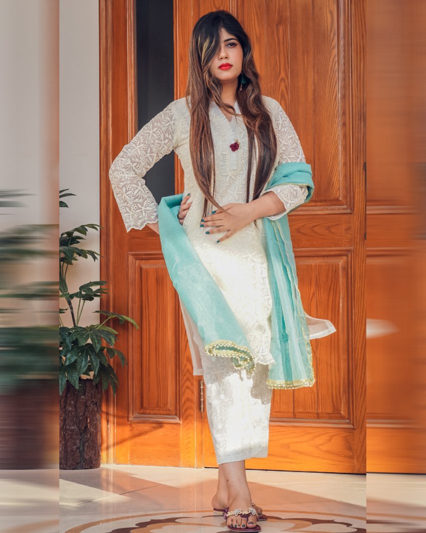 White Ivory Chikankari Organza Shirt with Trouser And Organza White plain Dupatta 3-Piece