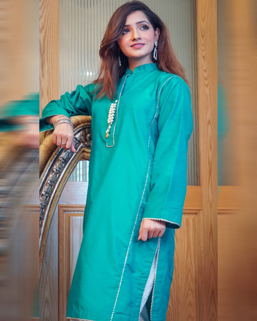 Turquoise Green Neck Hanging Tussles Kurta With Shalwar 2-Piece