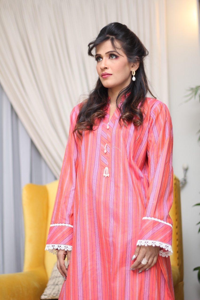 PEACH PINK KURTA SHIRT WITH WHITE LACE