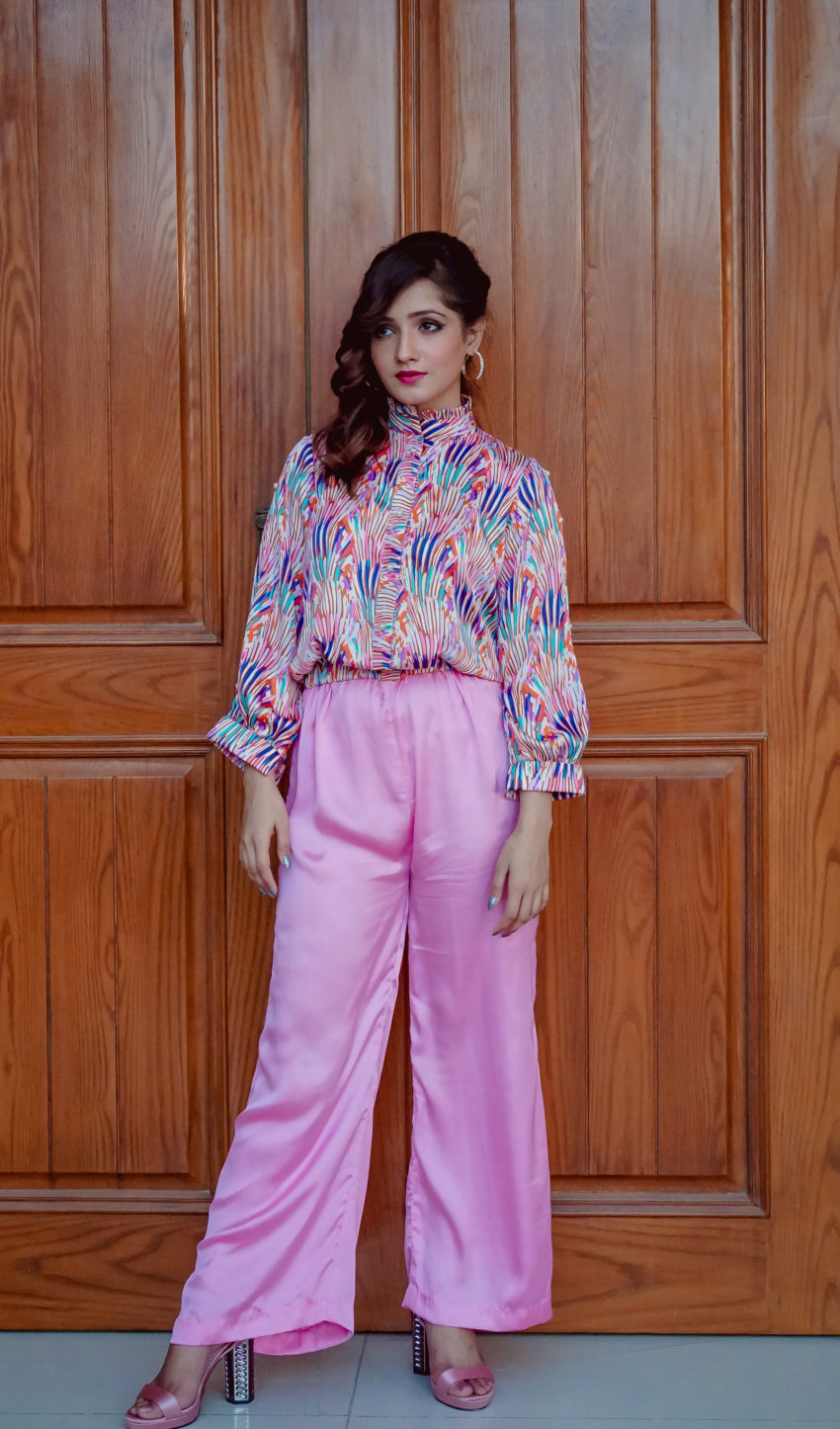 Modern Muse : RAINBOW PATTERN PINK PEARL SLEEVES JUMPSUIT