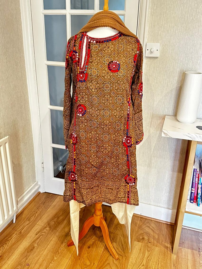 Brown Badami Block Print Embroidery Ajrak 3-Piece