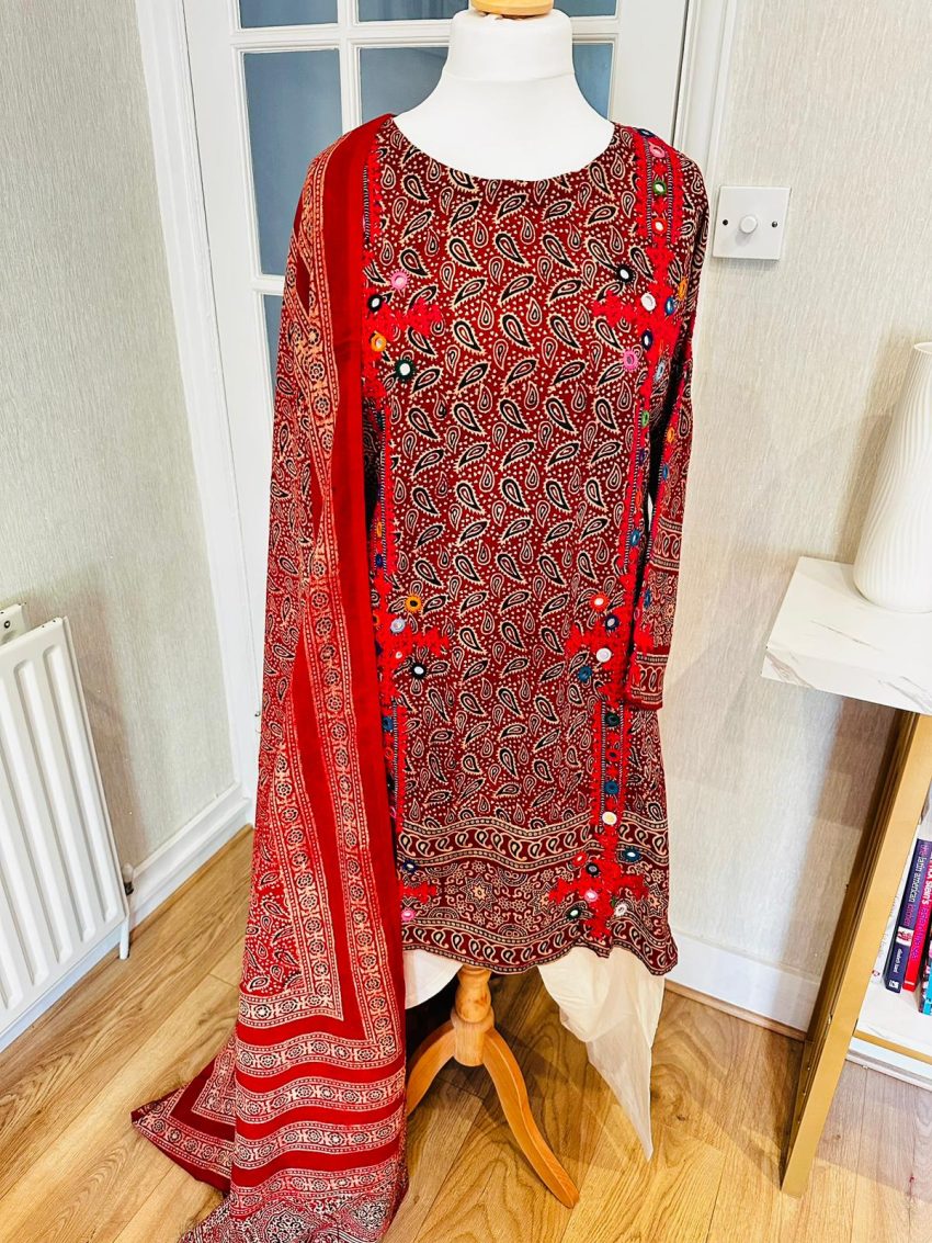 Mehroon Block Print Embroidery Ajrak 3-Piece
