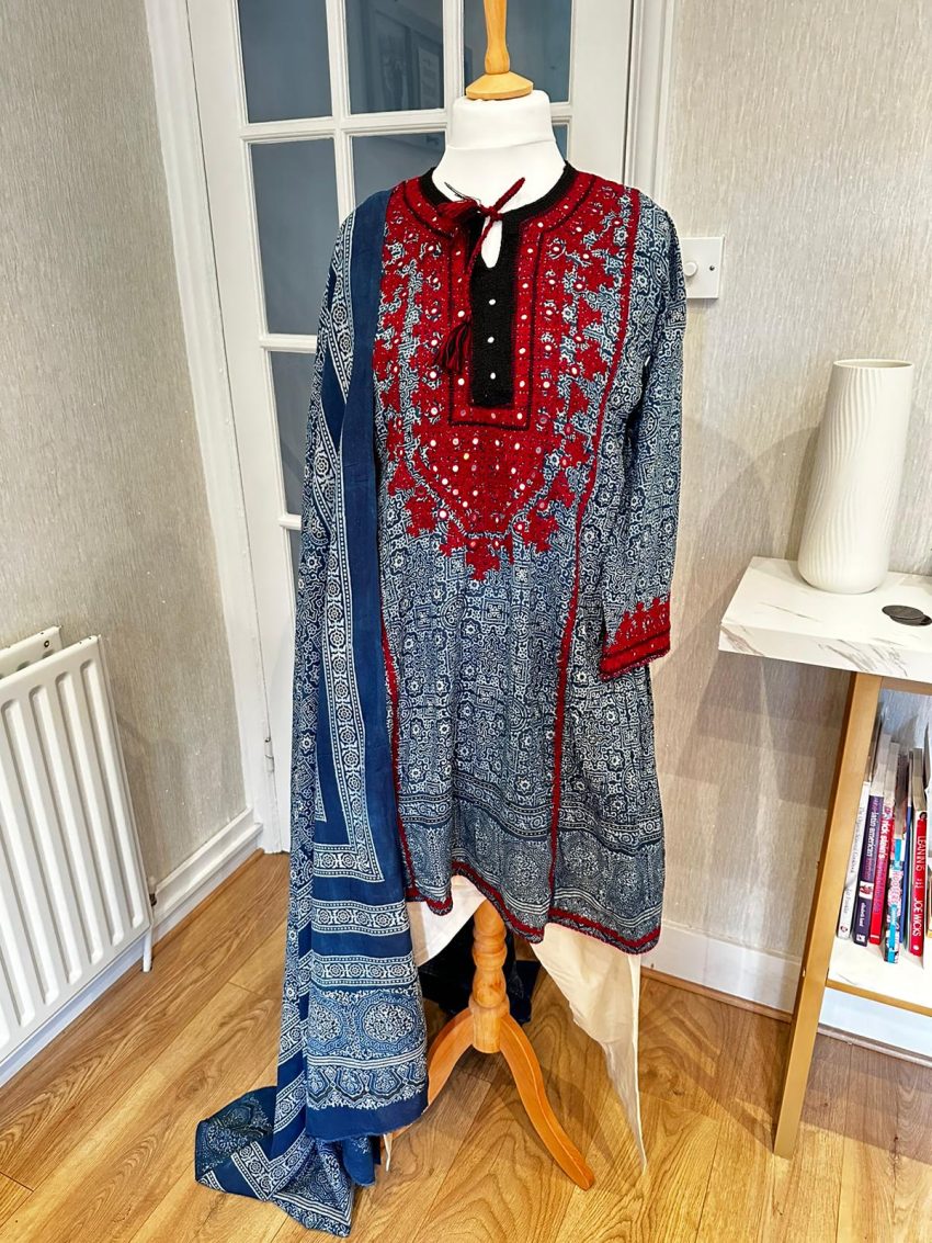 Blue Block Print Embroidery Ajrak 3-Piece