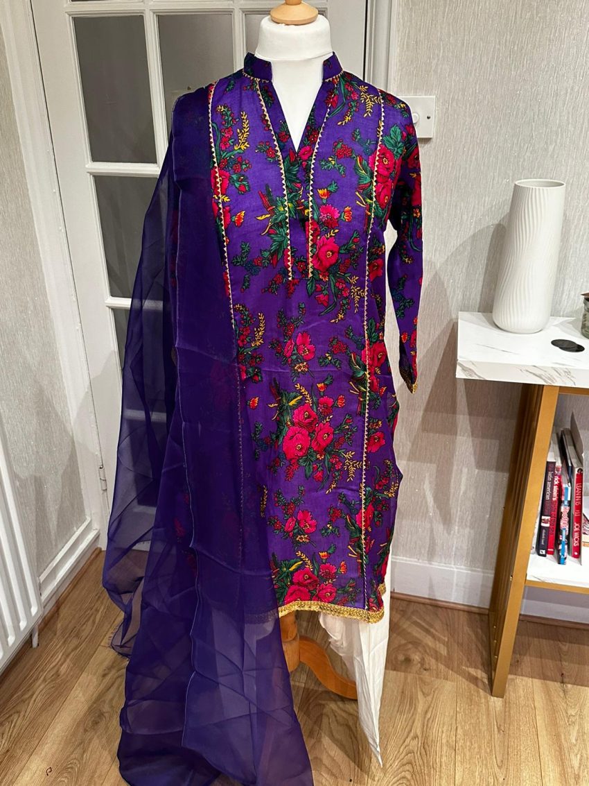 Purple Marina Floral Printed Embellished Lace 3-Piece