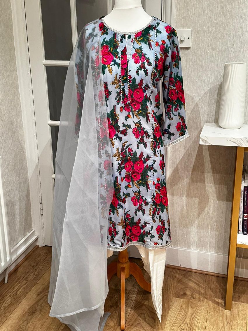 White Marina Floral Printed Embellished Lace 3-Piece