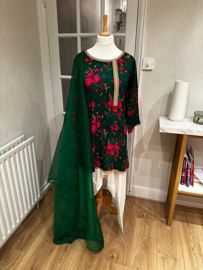 Green Marina Floral Printed Embellished Lace 3-Piece