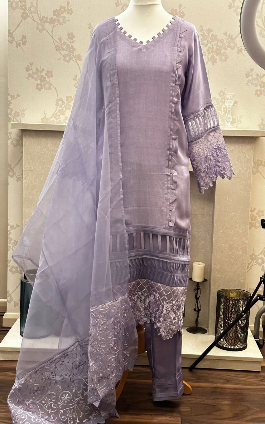 Voilet Purple Organza and lace work embellished with pearls -3 Pieces