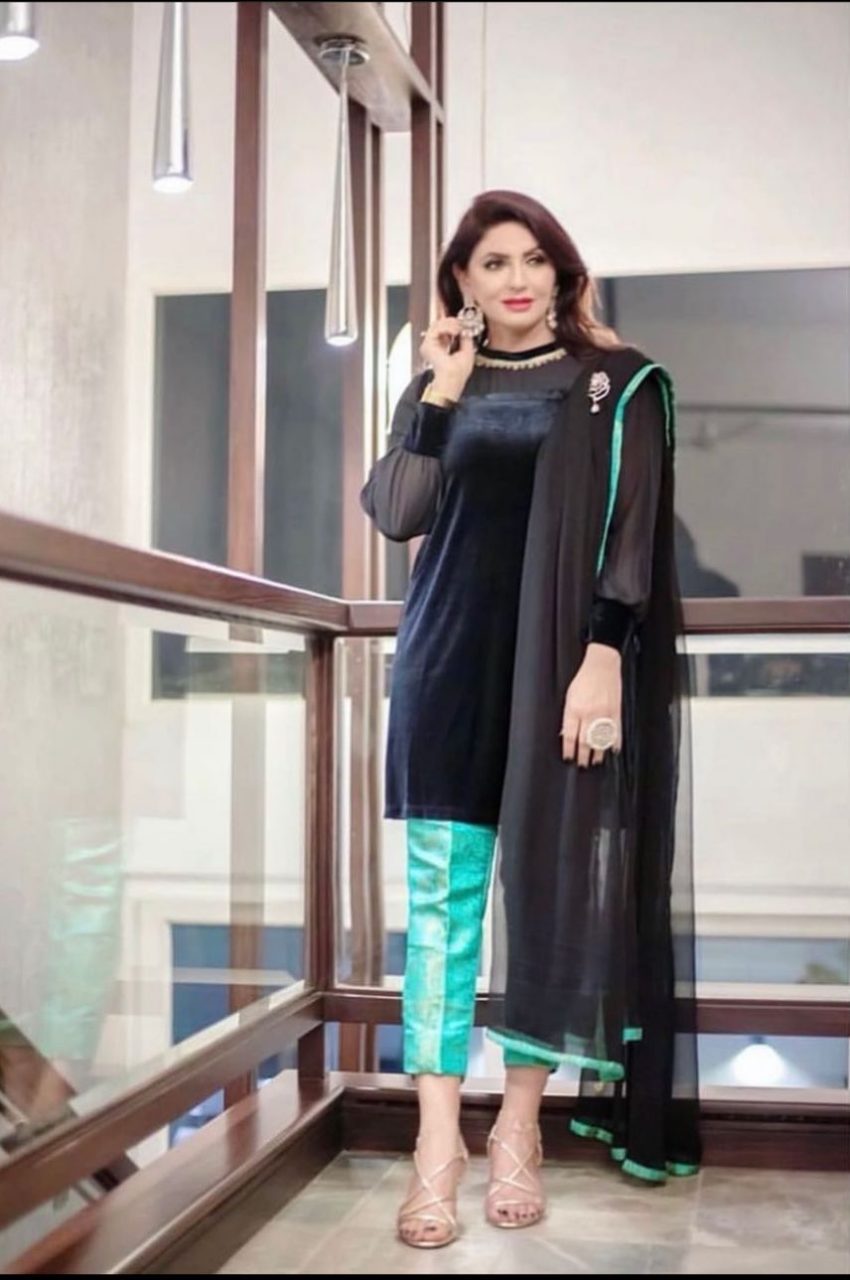 Black Velvet Shirt, Lace Details On Neck With Turquoise Jamawar Trousers And Pure Chiffon Dupatta-3Piece