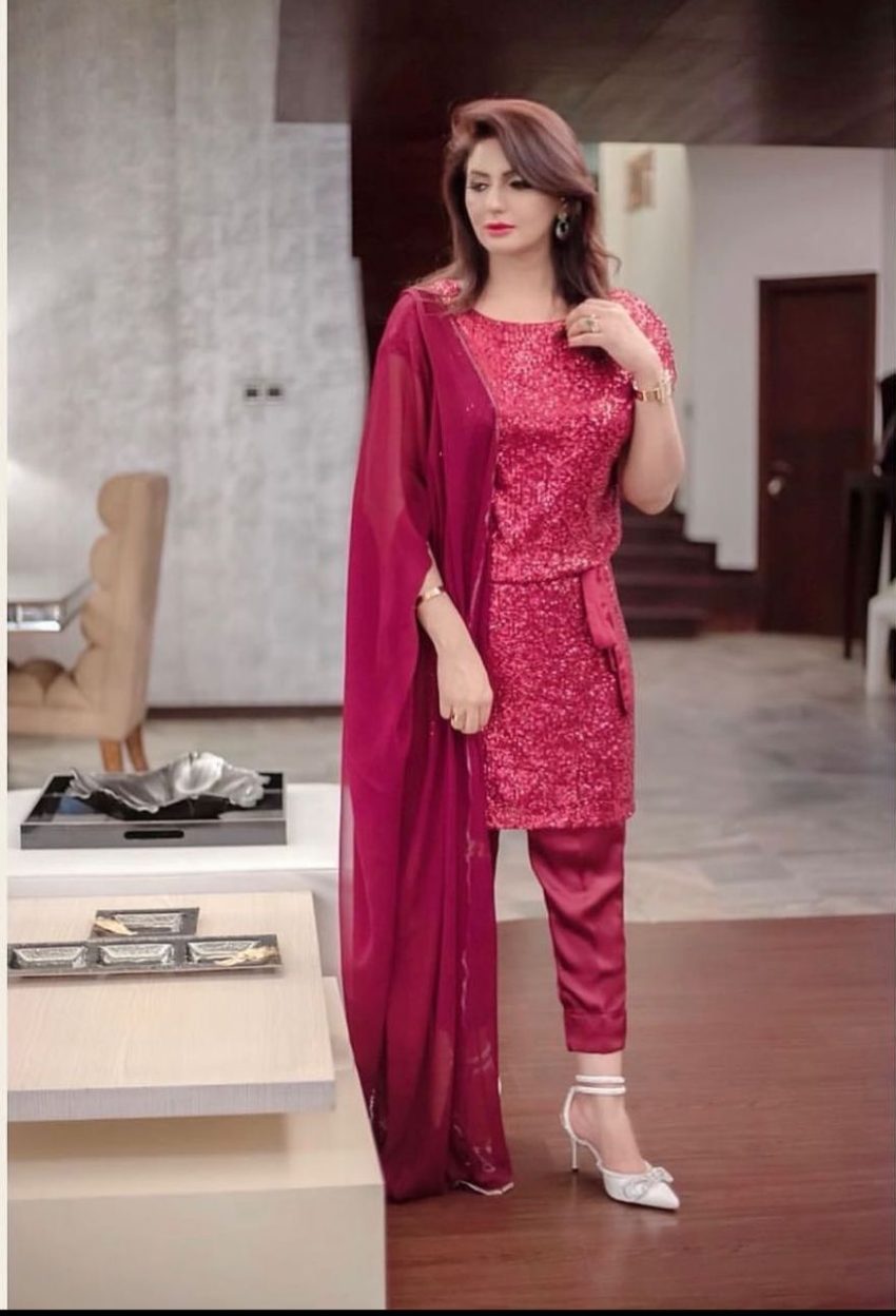 Red Sequin Shirt With Straight Silk Trousers And Pure Chiffon Dupatta 3-Piece