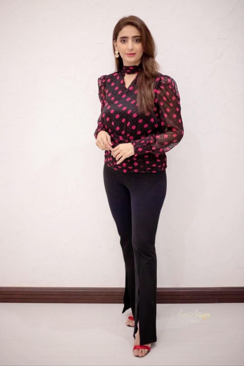 Black Shirt With Pink Polka Dot Print And Knot on the Back