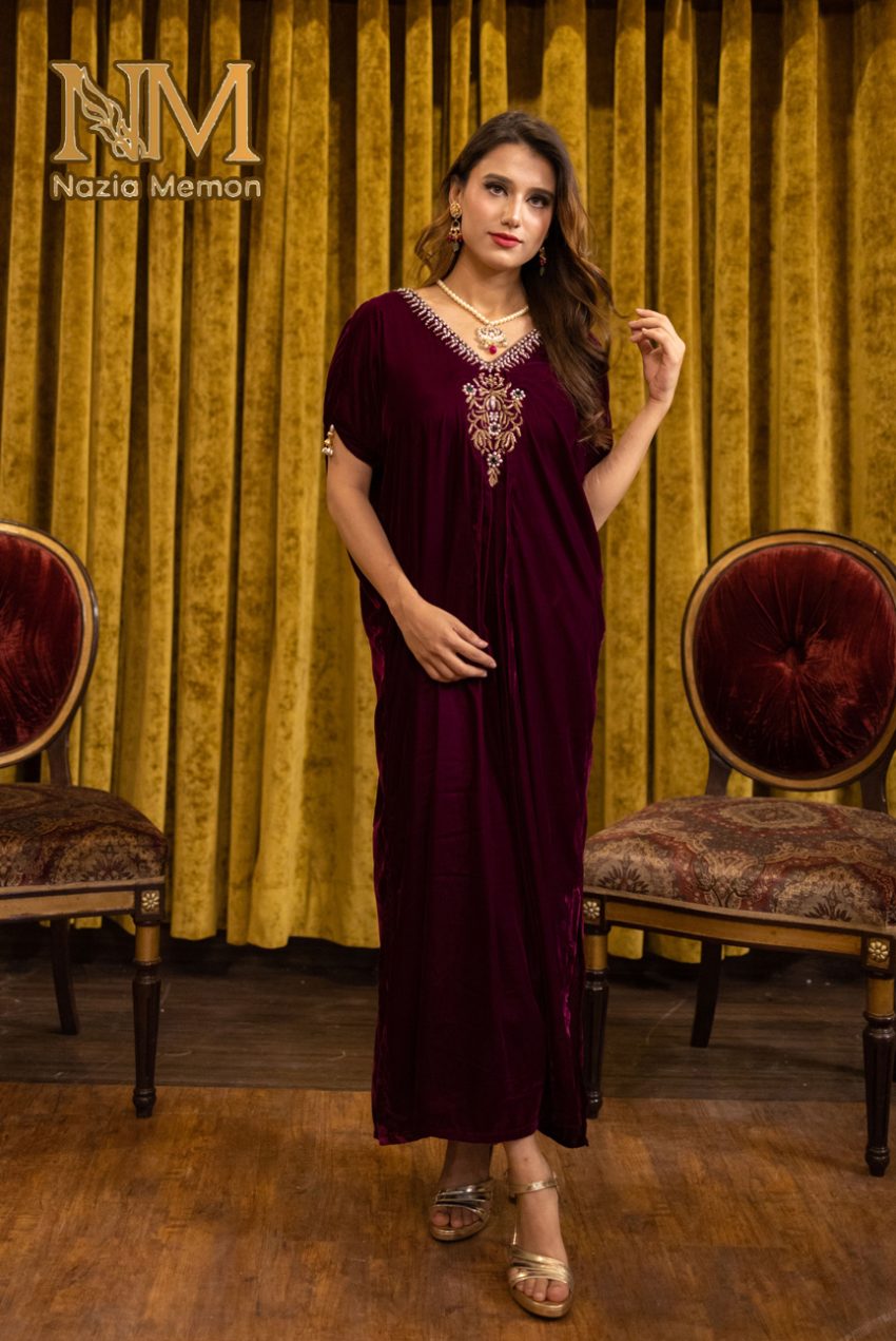 Beautiful Hand Embroidered Maroon Velvet Kaftan -1PC