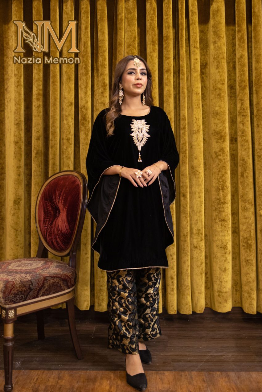 Cape Style Black Velvet Top Paired With Jamawar Trousers -2PC