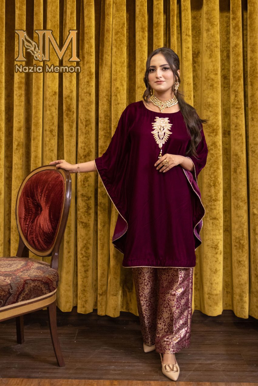 Cape Style Majenta Velvet Top Paired With Jamawar Trousers -2PC