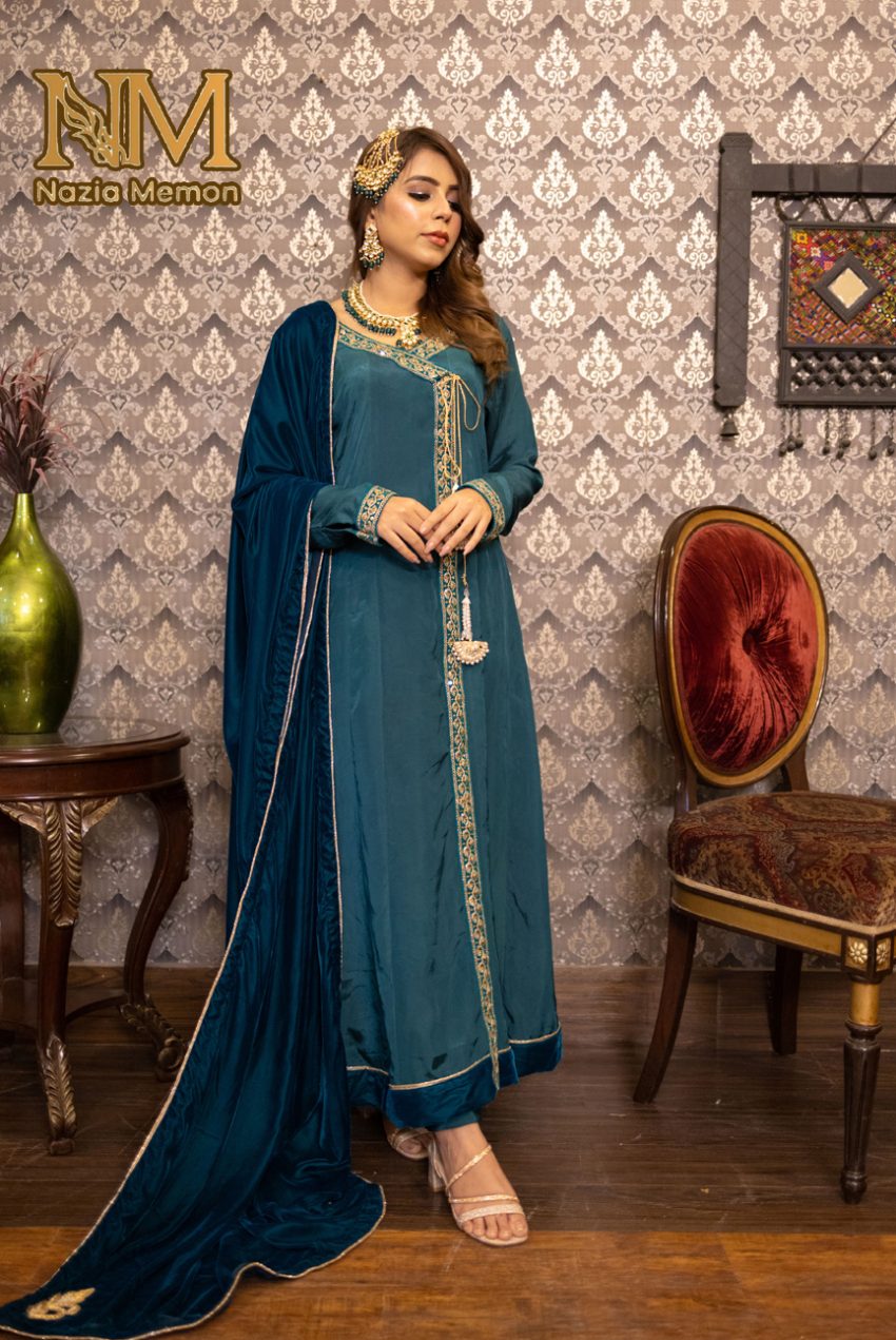 Falak, Pure Silk Angrakha Suit With Fine Velvet Shawl-3Pc