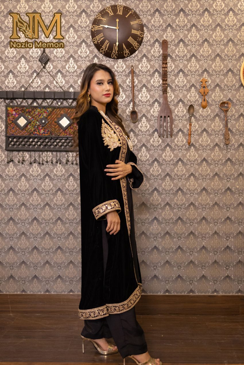 Embellished Black Velvet Coat With Silk Inner Top And Trousers -3PC