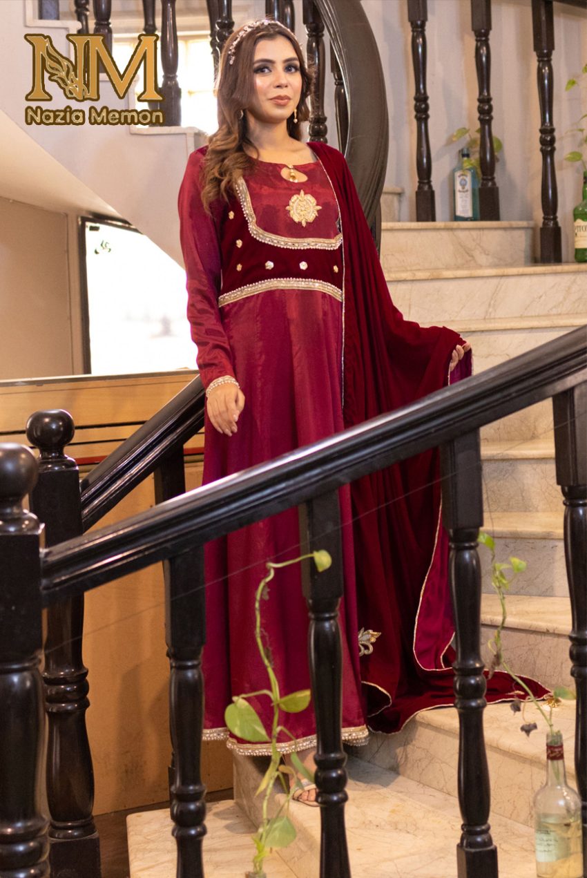 Mah Rukh: Pure Silk Pinkish Red Flare Shirt With Trousers And Velvet Shawl-3PC
