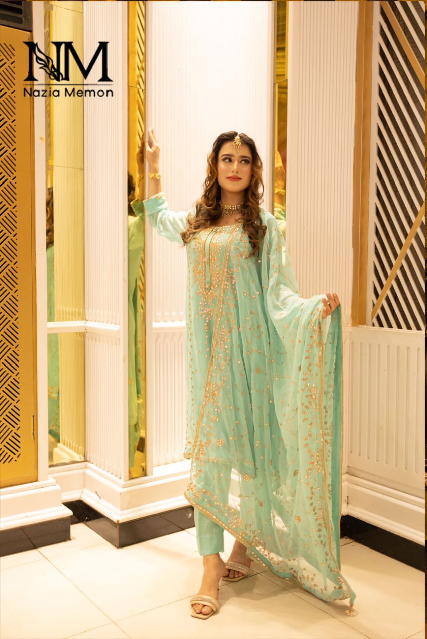 Mint Green Gotta Work Chiffon Shirt and Dupatta With Plain Trousers-3pc