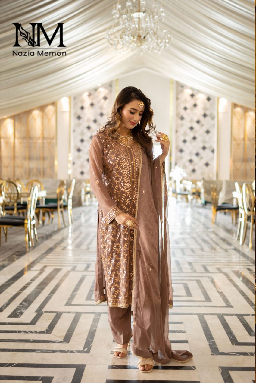 Mink Chiffon Shirt and Dupatta With Sophisticated Gotta Work, Plain Trousers-3pc