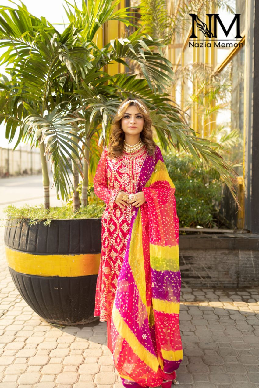 Rose Pink Chiffon Shirt With Sophisticated Gotta Work And Multi coloured Dupatta, Plain Trousers-3pc