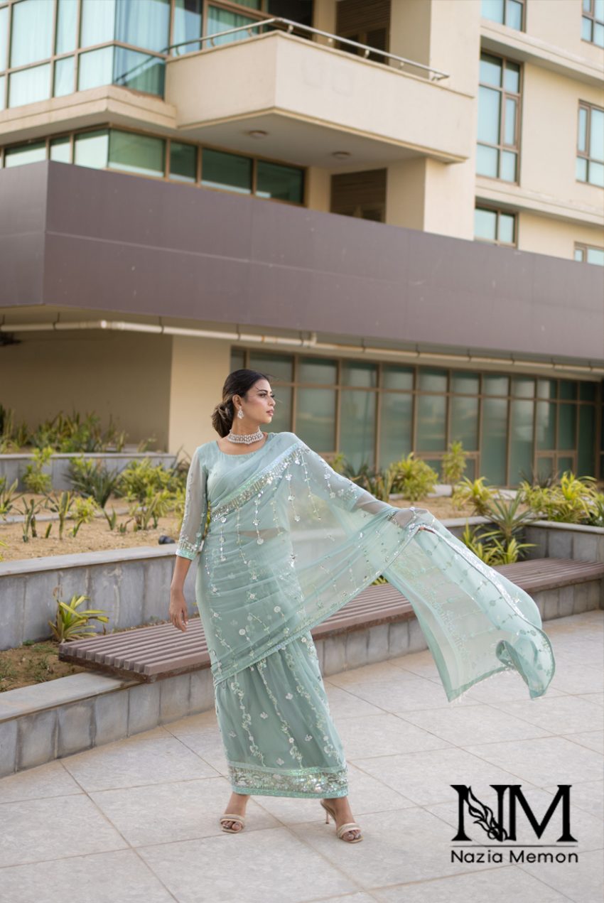 Pastel Green Sequin Embellished Sari