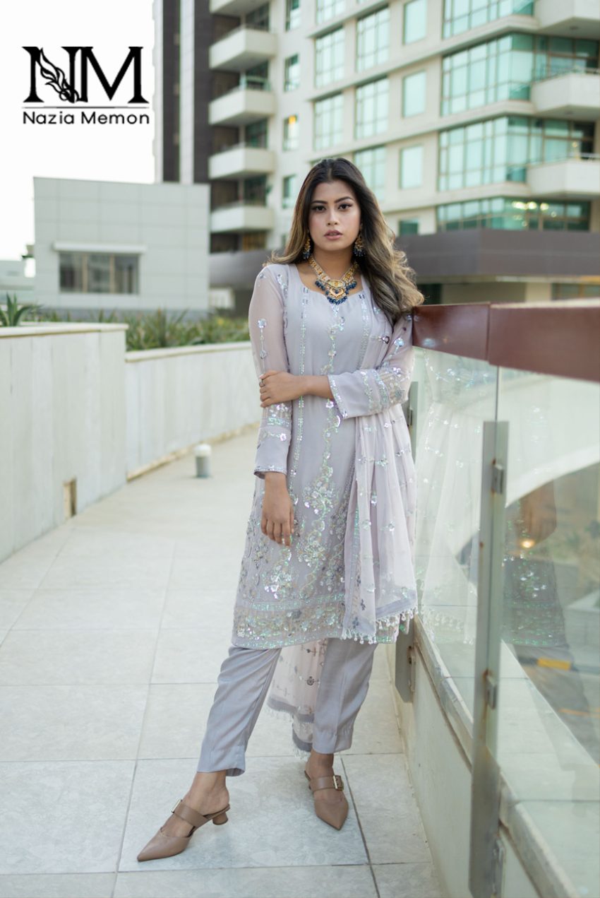 Pastel Perfect Sequin Embroidered Pure Chiffon Shirt And Duppata With Plain Silk Trousers -3pc