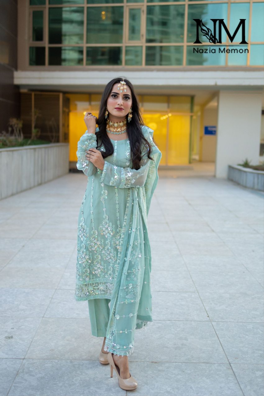 Pastel Green Sequin Embroidered Pure Chiffon Shirt And Duppata With Plain Silk Trousers -3pc