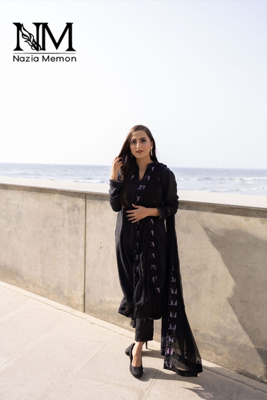 Silk Shirt With Embroidered Attached Dupatta And Plain Silk Trousers-3PC