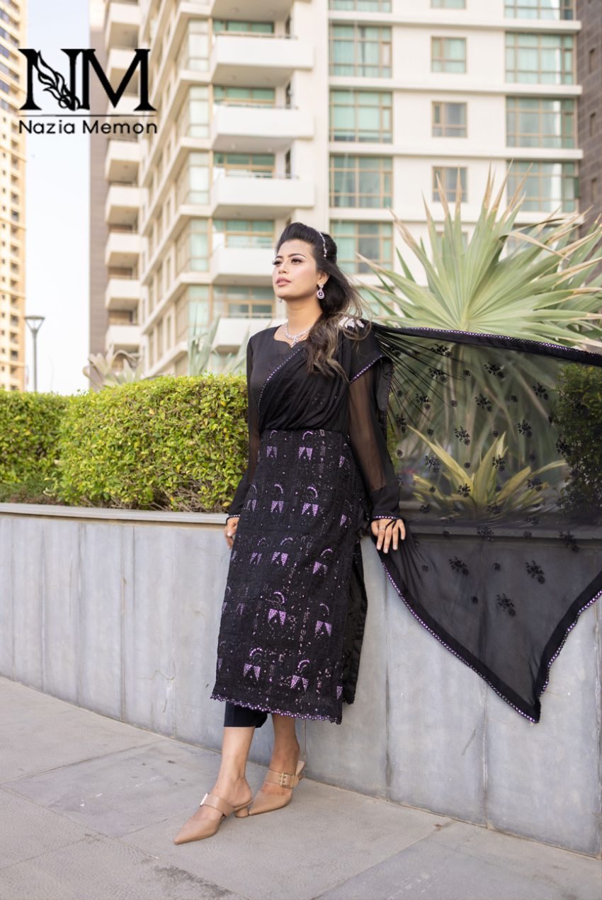 Black Embroidered Shirt With Attached Dupatta And Plain Trousers-3PC