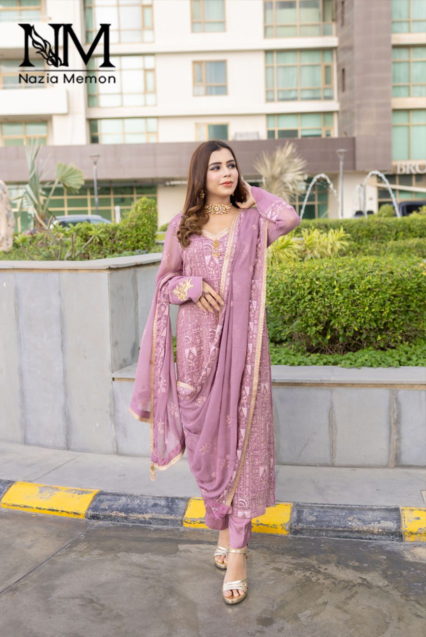 Embroidered Shirt With Attached Dupatta And Plain Trousers - 3pc