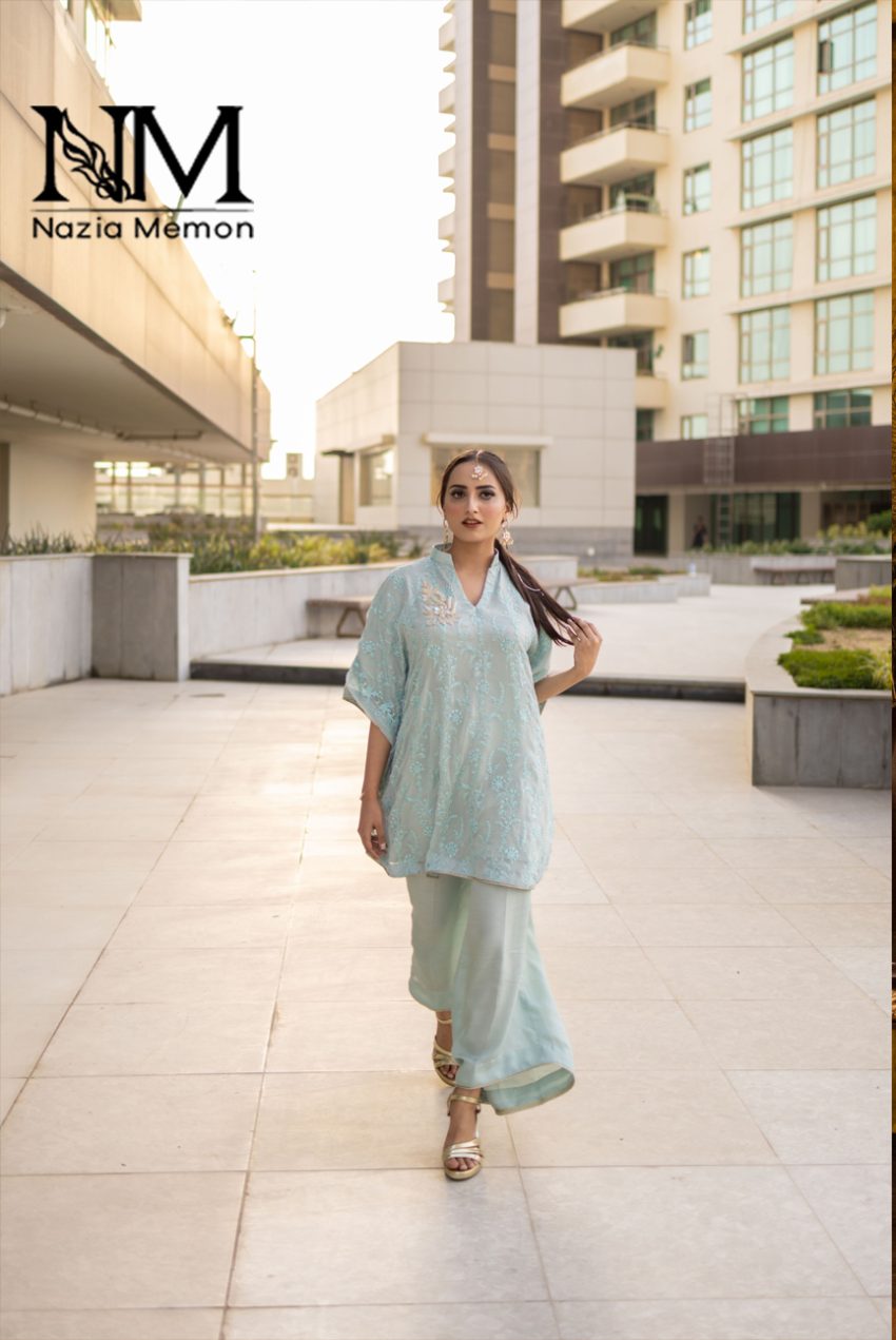 Pastel Perfect Embroidered Chiffon Cape And Trousers -2PC