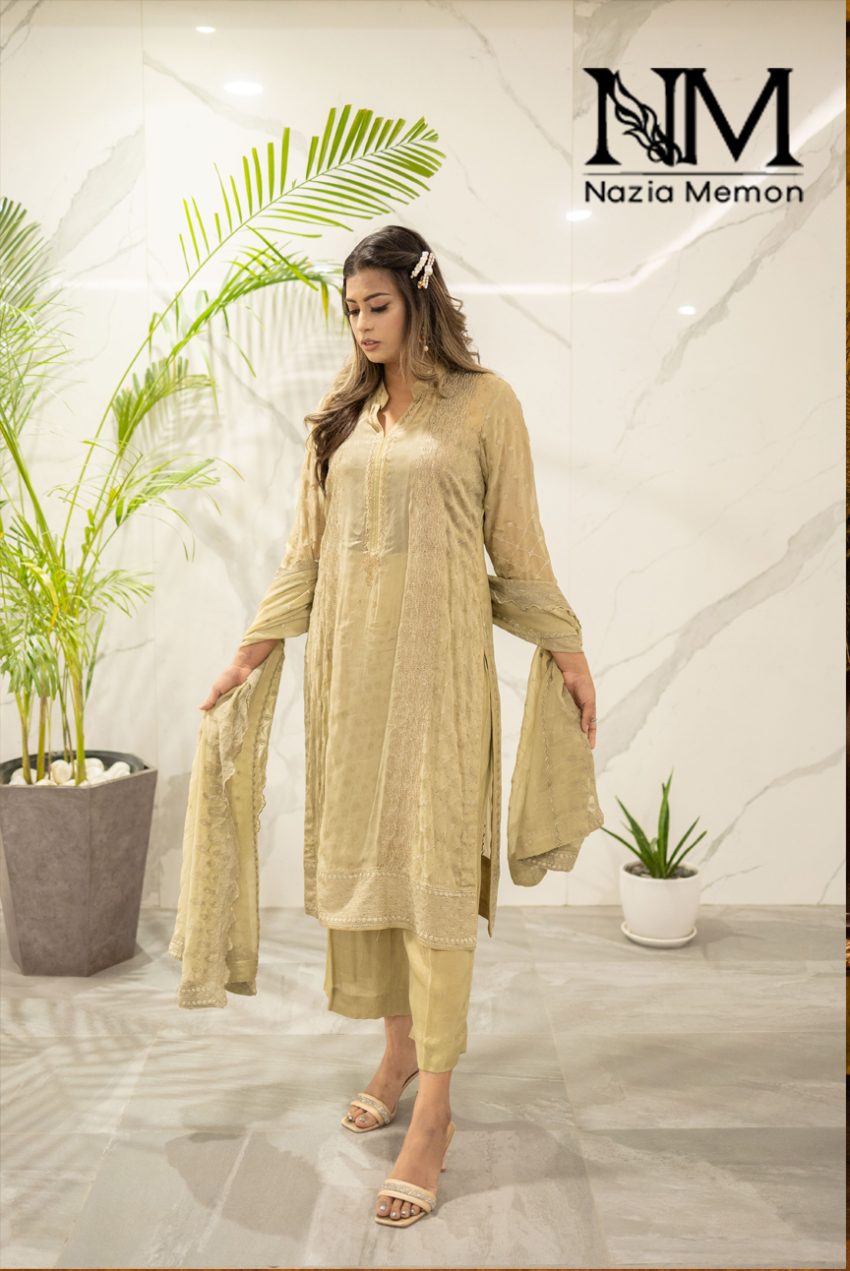 Light Green Embroidered Chiffon Shirt And Dupatta With Trousers -3PC