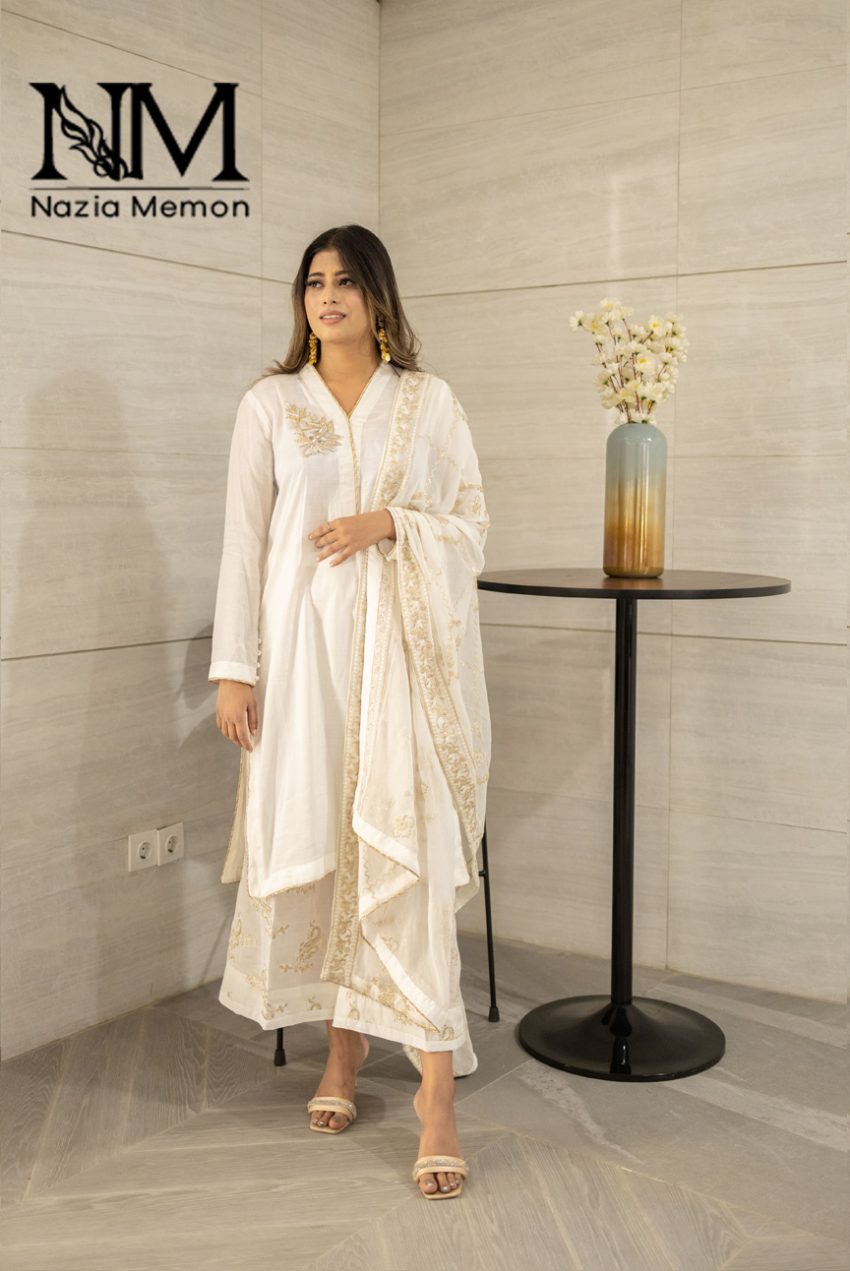 White Silk Shirt With Embroidered Dupatta And Palazzo -3PC