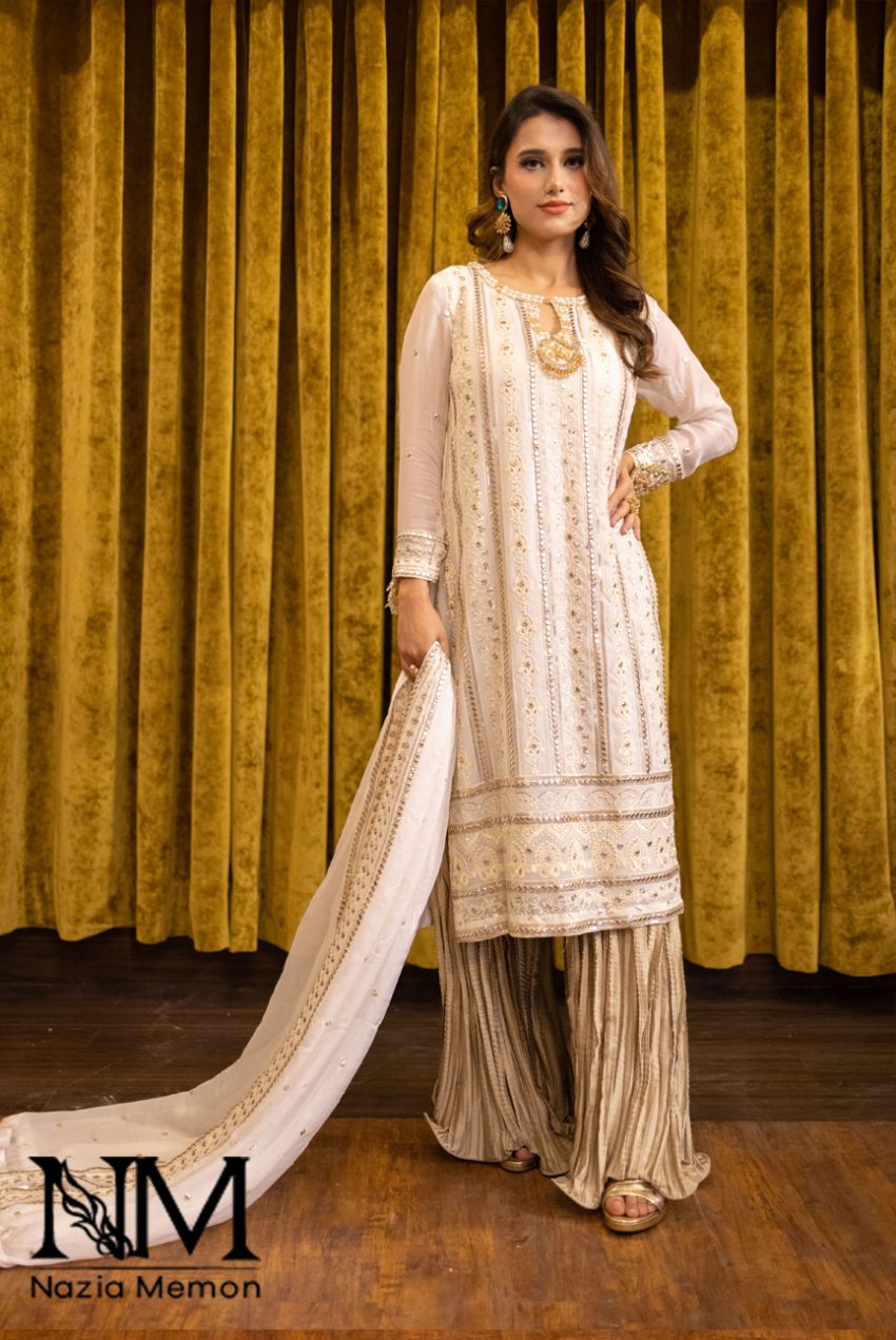 Heavy Foil Work Shirt And Dupatta With Shamooz Silk Crinkled Palazzo- 3pc