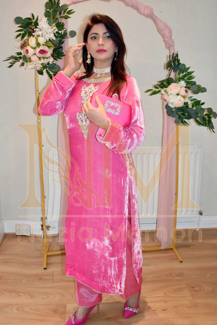 Pink Chiffon Silk Velvet Shirt With Silk Trousers -2PC